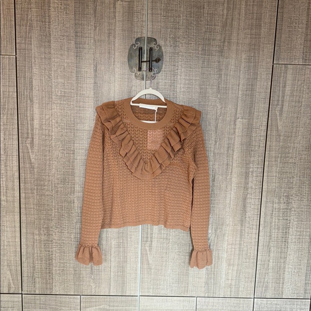 Rachel Parcell Pointelle Ruffle Sweater Beige Tan